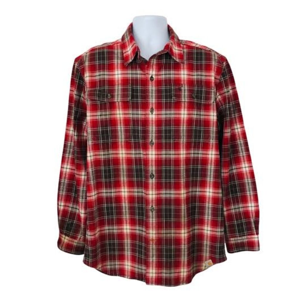 Carhartt Men Regular Heavy Red Plaid Flannel Long Sleeve Relaxed Fit Shirt
